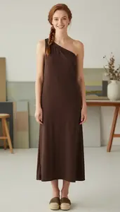 One Shoulder Casual Dress Stock Photo Chocolate Brown Fashion