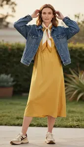 Pale Skinned Woman Woman In Late 30s In Mustard Yellow Relaxed Fit Dress Fashion