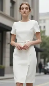 Polished Pale Skinned Woman Woman In Belted Tea Length Dress