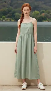 Sage Green Boho Maxi Dress For Women Fashion Stock Photo
