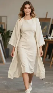 Scandinavian Woman Woman In Late 20s In Cream Linen Shift Dress Fashion Stock