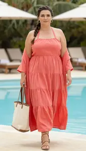 Streetwear Style Coral Halter Sundress Fashion