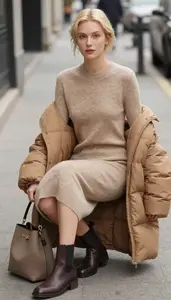 Structured Elegance Camel Cashmere Sweater Dress Fashion