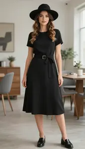 Trendy Caucasian Woman Woman In Belted Work Dress
