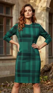 Trendy Woman In Plaid Shirt Dress Stock Photo
