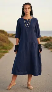 Vintage Inspired Navy Blue Muslin Dress Fashion