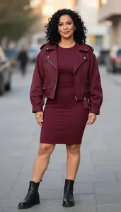 Western European Woman Woman In 50s In Burgundy Relaxed Dress Fashion Stock