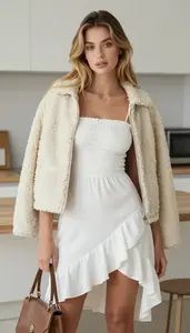 White Asymmetric Hem Casual Dress For Women Fashion Stock Photo