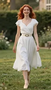 White Vintage Tea Length Dress Beautiful Woman Fashion