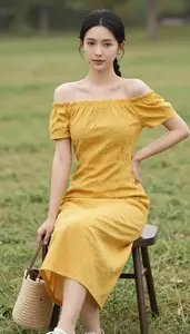 Woman In Early 20s Chic Woman In Mustard Yellow Off Shoulder Casual Dress