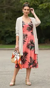 Woman In Early 30s Poised Woman In Coral Tropical Print Dress