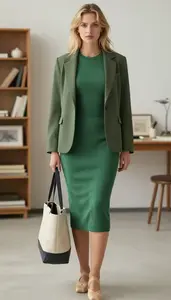 Woman In Early 20s Well Dressed Woman In Forest Green Cropped Sweater Dress