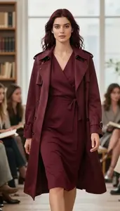Woman In Late 20s Woman In Late 20s In Burgundy Cowl Neck Midi Fashion Stock