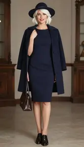 Woman In Late 20s Woman In Late 20s In Navy Blue Knee Length Cocktail Dress