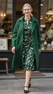 Woman In Mid 20s Attractive Woman In Forest Green Bird Print Dress