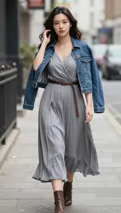 Young Professional Beautiful Woman In Grey Stone Wash Dress