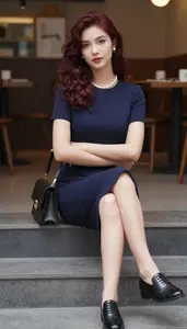 Young Professional Charming Woman In Navy Blue Fitted Midi Dress