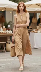 Young Professional Woman Balanced Proportions Keyhole Neckline Casual Dress