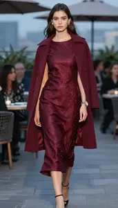 Young Woman In 20s Modern Woman In Wine Red Shimmer Organza Gown