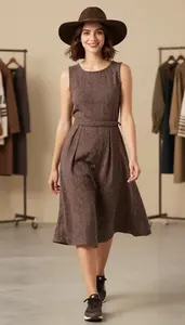 Young Woman In 20s Modern Woman In Chocolate Brown Tweed Casual Dress