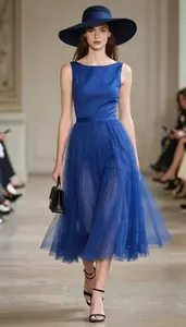 Young Woman In 20s Refined Woman In Royal Blue Silk Tulle Formal Dress