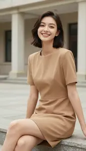 Young Woman In 20s Timeless Woman In Camel Shift Dress Modest