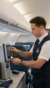 Aircraft Mechanic Dispatching Flights From An In An Airplane Passenger Cabin
