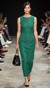 Anglo Woman Woman In 40s In Emerald Green Editorial Gown Fashion Stock Photo