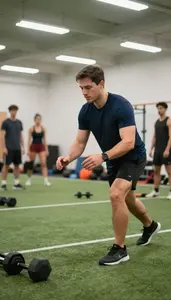 Athletic Trainer Leading A Fitness Class On A Sports Field During Practice In