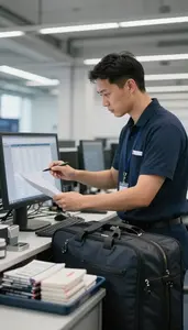 Baggage Handler Reviewing Flight Plans On In A Flight Planning Office In
