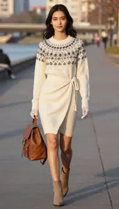 Beautiful Woman Woman Monochrome Styling Fair Isle Sweater Dress
