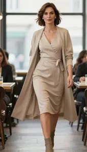 Beige Three Quarter Sleeve Cocktail Dress For Women Fashion Stock Photo