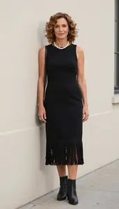 Black Fringe Midi Dress Attractive Woman Fashion