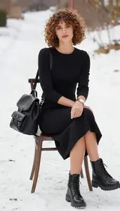 Black Winter Midi Dress For Women Fashion Stock Photo