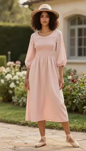 Blush Pink Three Quarter Sleeve Summer Dress Stunning Woman Fashion