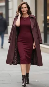 Burgundy Fit And Flare Tea Dress For Women Fashion Stock Photo