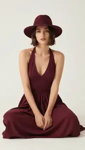 Burgundy Halter Gown For Women Fashion Stock Photo