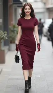 Burgundy Minimalist Dress For Women Fashion Stock Photo