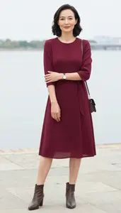 Burgundy Organdy Dress For Women Fashion Stock Photo