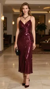 Burgundy Sequin Evening Dress For Women Fashion Stock Photo