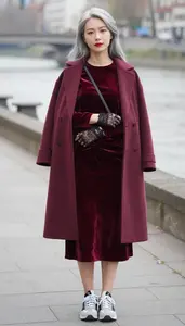 Burgundy Velvet Dress Fashionable Woman Fashion