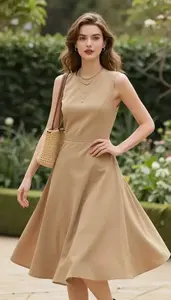 Camel Cap Sleeve Summer Dress For Women Fashion Stock Photo