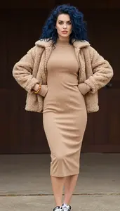 Camel Mock Neck Casual Dress For Women Fashion Stock Photo