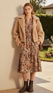 Camel Print Midi Dress For Women Fashion Stock Photo