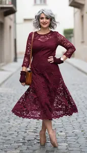 Casual Lace Tea Length Dress For Women Stock Photo