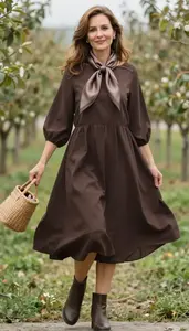 Central European Woman Mature Woman In Chocolate Brown Tunic Dress Fashion Stock