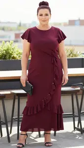 Central European Woman Woman In 50s In Wine Red Embroidered Ruffle Gown Fashion