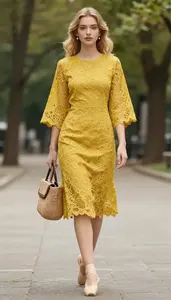 Central European Woman Young Professional In Mustard Yellow Lace Tea Length