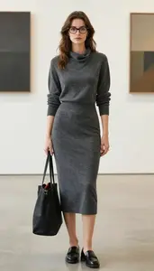 Charcoal Cowl Neck Sweater Dress For Women Fashion Stock Photo