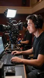 Cinematographer Editing A Film In In A Theater Backstage Area In Professional